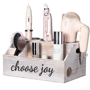 Caja de Almacenamiento de Madera para Baño, 50x30 cm, Organizador Rectangular de Cosméticos con Soporte para Secador de Pelo, Blanco Desgastado, Choose Joy - Product Image 1