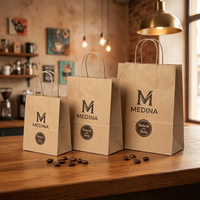 Sacs cadeaux biodégradables personnalisés avec logo imprimé et poignée, sacs en papier kraft brun pour emballages alimentaires à emporter (café, lait, thé)