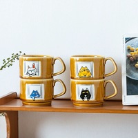 Mug en céramique vintage à glaçure effet four, motif chat de dessin animé mignon, tasse à café, thé, lait, empilable, faite à la main, cadeau sûr et disponible en stock