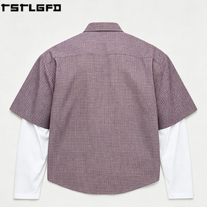 เสื้อเชิ้ตผู้ชายไซส์ใหญ่ลายตารางเล็กแบบซ้อนทับสีกรมท่าและสีแดงเบอร์กันดี ทรงโอเวอร์ไซส์ ทรงบ็อกซี่ ผลิตโดยผู้ผลิตเสื้อยืดผู้ชายขายส่ง - Product Image 4