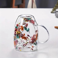 Gelas Kopi Kaca Dinding Ganda Motif Bunga, Cangkir Kaca Transparan Kreatif dengan Gagang, Gelas Kaca Ganda Motif Bunga