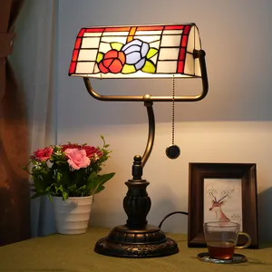 Tiffany Stained Glass Pull Chain Lamp Bar Living Room Bedroom Study Desk Decorative Lamps Vintage Office Bank table Lamp