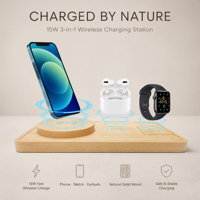 Station de charge sans fil magnétique 3-en-1 15W écologique en bois et bambou avec Type-C pour téléphones/iWatch/