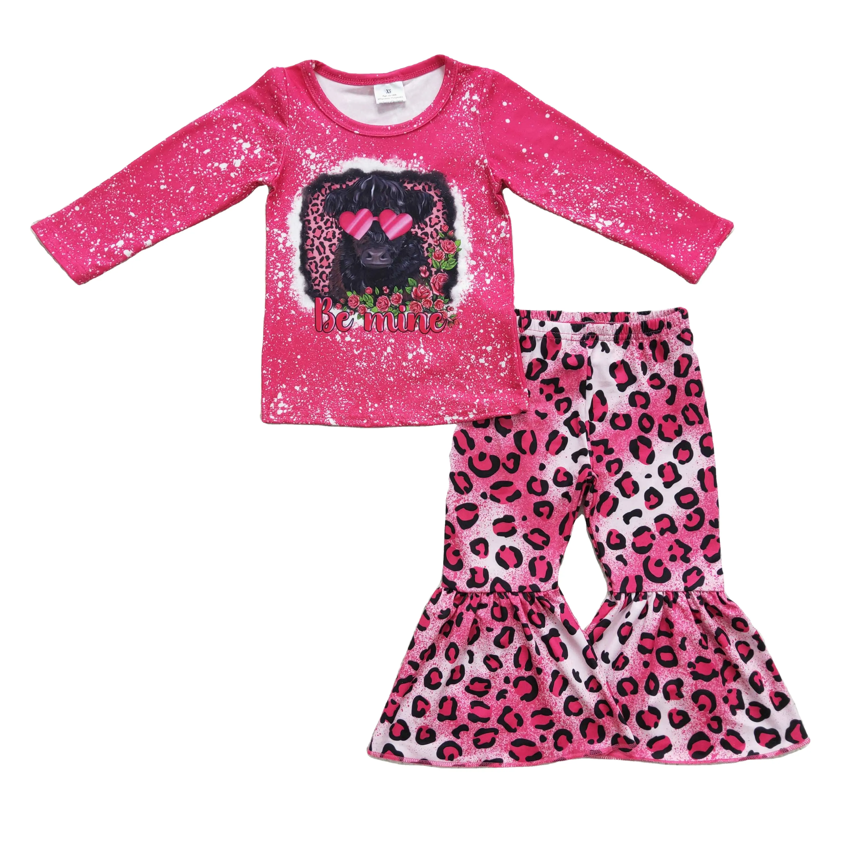 Комплекты детской одежды на День Св. Валентина, Детские Зимние дизайнерские розовые леопардовые штаны-колокольчики, детская одежда
