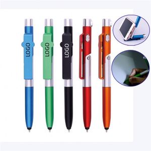 Stylo bille multifonctionnel 4-en-1 personnalisé avec logo promotionnel, lumière LED, support de téléphone et stylet - stylo lumineux personnalisé - Product Image 1