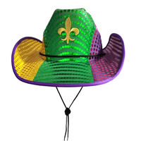 Chapeau de cowgirl LED néon pour adultes Halloween Mardi Gras Accessoire lumineux en polyester pour fête en plein air Plage Paillettes