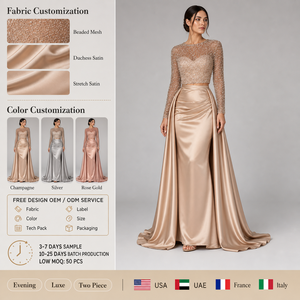 Robe longue maxi drapée en tulle doré champagne à manches longues, ornée de perles et de strass, avec décolleté cœur - Fournisseur vérifié de Chine - Product Image 1