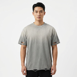 Oversized <b>Men's</b> Gray Distressed T-<b>Shirt</b> Short Sleeve O-Neck Street Style Cotton Jersey Fit Custom Vintage Washed T-<b>Shirts</b> - Product Image 1