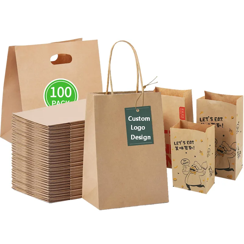अनुकूलन योग्य पुनर्नवीनीकरण क्राफ्ट पेपर शॉपिंग पैकेजिंग बैग आपके अपने लोगो के साथ निजीकृत कस्टम डिलीवरी पेपर बैग