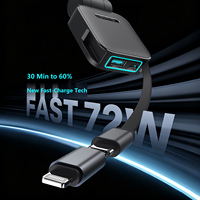 Chargeur de voiture rétractable ultra-fin 72W 4 en 1, charge rapide PD 45W QC 3.0A pour iPhone et Android avec lumière ambiante