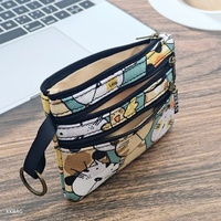 Organizer Kanvas Terbuka Tiga Lapis Bermotif Kartun, Dompet Rias Genggam Praktis untuk Musim Panas, Dompet Koin Unisex untuk Kunci dan Kartu