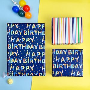 Blue Birthday Wrapping Paper 17 Inch X 16.5 Ft Reversible Metallic Foil Striped Pattern For Gift <b>Wrap</b> - Product Image 3
