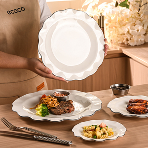 Custom Luxurious Irregular Floral Shape Wedding Table Decorative Porcelain <strong>Dinner</strong> Plate <strong>Black</strong> Rim Favorable Price Ceramic <strong>Sets</strong> - Product Image 6