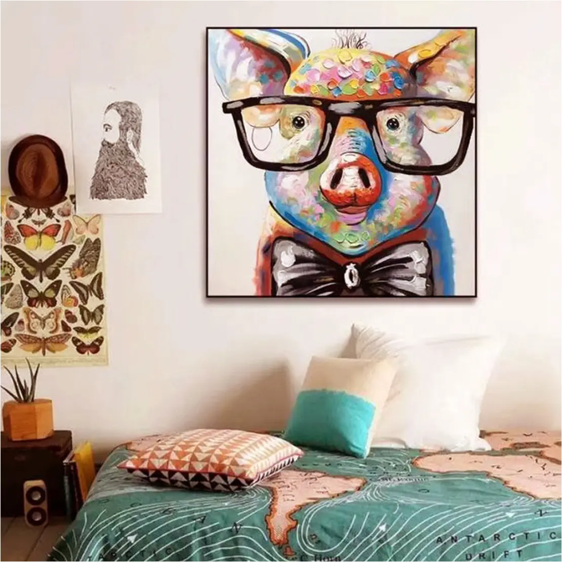 Penjualan laris lukisan seni babi lucu gaya dilukis tangan dekorasi rumah menggantung karya seni kustom kanvas seni 100% seni dinding buatan tangan