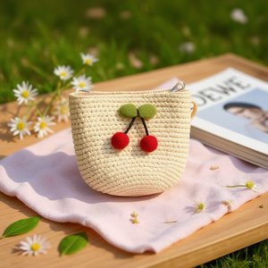 Bolso pequeño de fieltro tejido con diseño de cerezas, 12x14cm, accesorio de moda para mujer - Product Image 2