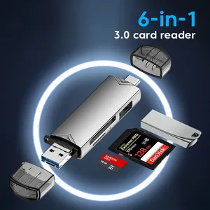 محول USB3.0 متعدد الوظائف 6 في 1 قارئ بطاقة ذاكرة SD TF محول نقل عالي السرعة مايكرو من النوع C شامل للهاتف المحمول OTG