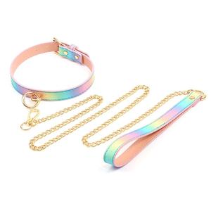 Nuevo Arco Iris PU cuero Collar Bondage juego para adultos sexo Collar y correa parejas juguete erótico <span class=keywords><strong>BDSM</strong></span> juguetes de estimulación Sexual - Product Image 1