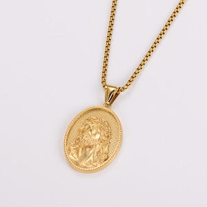 Bijoux religieux, acier inoxydable anti-ternissement, plaqué or 18 carats, pendentif ovale rétro en forme de Jésus, collier - Product Image 3