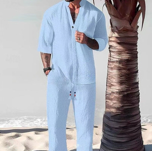 Men's Crinkled Mid-Sleeve Two-Piece Set - Summer Oversized Loose Fit Casual Outfit &amp; Breathable T-Shirt <strong>Combo</strong> - Product Image 2