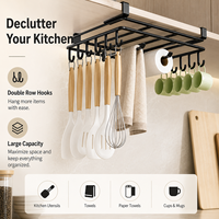 Support de rangement multifonctionnel pour armoire de cuisine en acier au carbone avec crochets doubles pour tasses, serviettes et ustensiles