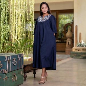 Vestido Midi Casual Elegante de Rayón de Primera Calidad, con Bordado en el Pecho, Antiarrugas, Manga 3/4, Corte Regular, Ropa para Mujer, Venta al Por Mayor - Product Image 3