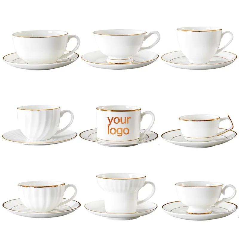 Özel Logo 150-300ml avrupa ince kemik çin porselen kahve fincanları altın kahve çay bardağı seramik saf beyaz Teacups ve tabaklar