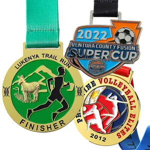 Medalhas de metal em liga de zinco personalizadas, medalhas douradas 3D esmaltadas com logotipo de metal, futebol, corrida, maratona, esportes