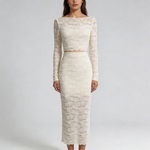 <span class=keywords><strong>Conjunto</strong></span> de <span class=keywords><strong>Dos</strong></span> <span class=keywords><strong>Piezas</strong></span> Elegante y Casual para <span class=keywords><strong>Mujer</strong></span>, Top Corto de Manga Larga con Encaje Color Marfil y Falda Midi Ajustada, Ideal para Invitadas de Boda - Product Image 1