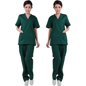 Poliéster Scrub Set Enfermeiras Hospitalares-Uniformes Verde Enfermeira Limpeza Uniforme com Bolsos