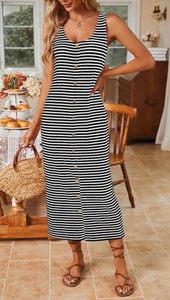 Vestido Largo Elegante de Verano con Cuello en U y Diseño de Botones a Rayas, Vestidos Ajustados de Punto Cómodos y Suaves sin Mangas para Mujer - Product Image 2