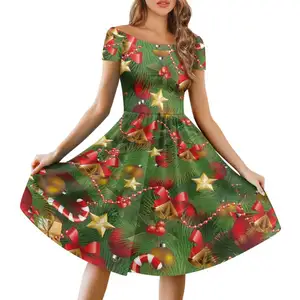 Produits tendance Mode Robe à manches courtes à épaules dénudées Robe de fête de Noël avec motif de cloche de bonhomme de neige arbre de Noël