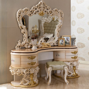 Tocador de Maquillaje Cómodo de Alta Calidad, Tallado a Mano en Madera Maciza Antigua, Mesa de Dormitorio Estilo Francés con Espejo - Product Image 4