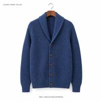 Hochwertige Herren-Strickjacke mit V-Ausschnitt und Knopfleiste in Indigoblau, Fischermuster, OEM ODM Fabrikfertigung