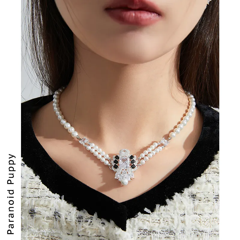 Original Vintage Jewelry Pearl Beads Necklace Choker for Women Baroque Collarbone Chain AAA Zircon Gift Trendy Copper Silver