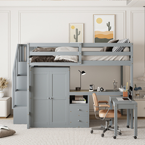 Full Size Loft Bed with Stairs Bookshelf Drawers <b>Desk</b> Wardrobe <b>Space</b> <b>Saving</b> Multifunctional Kids Teen Furniture - Product Image 2