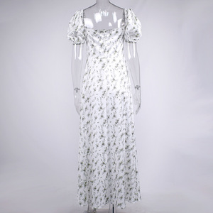 R41756S 여성 여름 뜨거운 스타일 패션 주교 소매 allover 꽃 매듭 분할 허벅지 긴 여성 a 라인 드레스 - Product Image 5