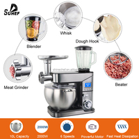 Batidora Planetaria Eléctrica de Alta Potencia 2000W, 9 en 1, con Tazón de Acero Inoxidable de 10/12L, Motor de Cobre Puro, 6 Velocidades y Cabezal Inclinable
