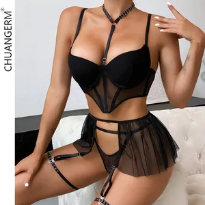 CHUANGERM OEM Ins Black Sexy See-Through Fishbone Padded Hanging Neck Temptation Pleated Skirt With Garter Women Lingerie Set