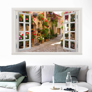 Autocollant mural 3D effet fenêtre - Décoration murale paysage de rue européenne avec pavés et fleurs pour salon, chambre et décoration intérieure - Product Image 3