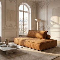 Sofa Daybed Kain Cokelat Vintage untuk Perabot Ruang Tamu Gaya Wabi Sabi Sofa Tanpa Lengan Sofa Tidur Lantai Modern Abad Pertengahan