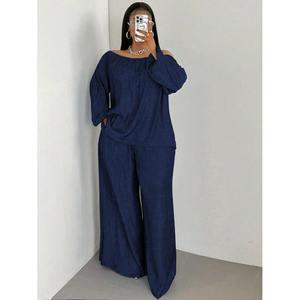 Completo Donna <span class=keywords><strong>Oversize</strong></span> Semplice con Logo Personalizzato, Top a Maniche Lunghe con Spalle Scoperte, Pantaloni Tinta Unita, Vendita Diretta dalla Fabbrica - Product Image 3