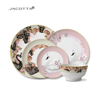 Ensemble de vaisselle en porcelaine fine sur le thème du cygne romantique Gold Rim de haute qualité et magnifiquement conçu