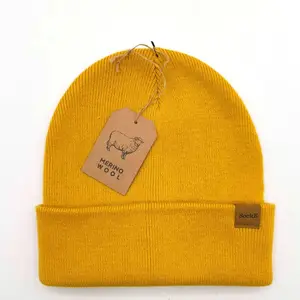 High Quality Warm Winter Hats Soft Custom Leather Patch Knitted Hat Ski Cap 50% Merino Wool Beanie