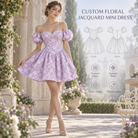 Robe mini pour femme ODM, jacquard floral, épaules dénudées, manches bouffantes, col cœur, froncée, coupe trapèze, robe de cocktail mini