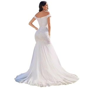Mermaid Wedding Dress Off Shoulder <b>Lace</b> Sweetheart Neckline Ivory <b>White</b> Long Gown Natural Waistline Zipper Closure - Product Image 4