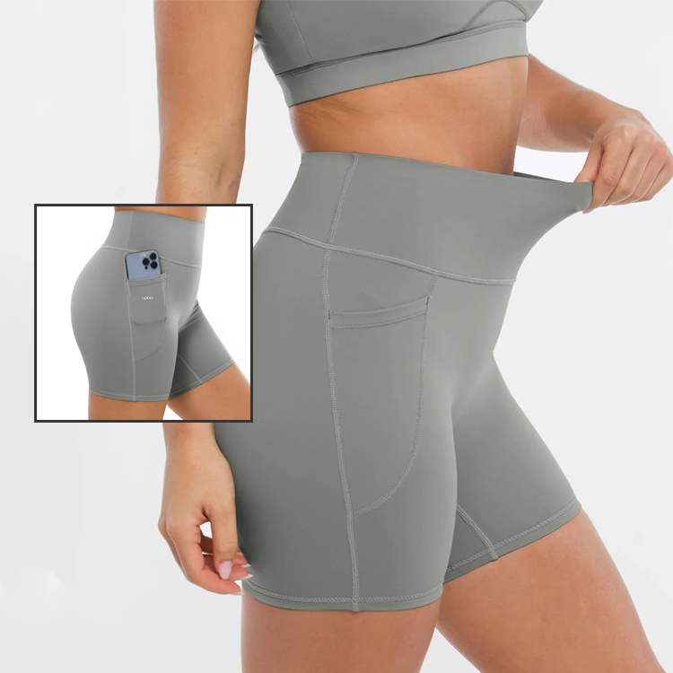 High Quality Women Activewear Custom High Waist Stretchy Fitness Yoga Short Sweat Wicking Breathable Side Pocket Gym Bike Short