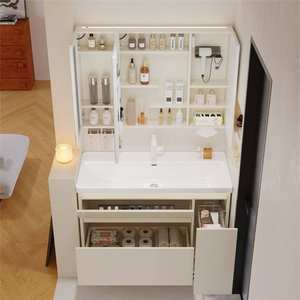 Mueble de baño color crema fácil de limpiar con luces LED y gabinete multifuncional - Product Image 4