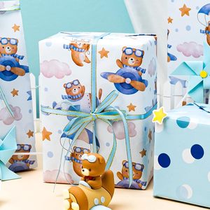 Rouleau de papier cadeau pour baby shower, motif ours pilote bleu, 17 pouces x 16,5 pieds, emballage cadeau réversible pour fête d'anniversaire de garçons - Product Image 3