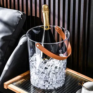 PU Leather Handle Plastic Clear Party Bar KTV Home Beers Champagne Retro Handle Ice Coolers Bucket Wine Chiller