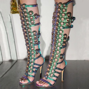 Summer Metal Circle Ornaments Women Knee High Boots High Slim Heeled Cut Out Long <b>Booties</b> Sexy Punk Styles Dress Shoes - Product Image 1